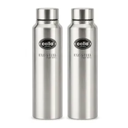 CELLO Crysta Stainless Steel Water Bottle for Daily Use Set of 2 Pcs Silver, 1000 ml | Single Wall, Rustproof & Leakproof, Fridge Safe | Stainless Steel Water Bottle for Kids, Office, Travel...