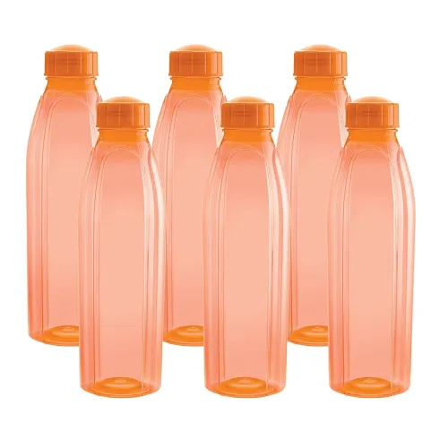 Image of CELLO Crystal Water Bottles Set of 6, 1000 ml Each, Orange | Food Grade, Unbreakable & Reusable Set of Bottles | Air Tig