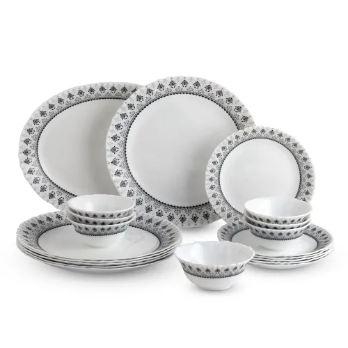 Image of CELLO Damask Imperial Plus Series Opalware Dinner Set of 19 Pieces For Family of 6 | Bone-Ash Free & Leadfree Opal Glass