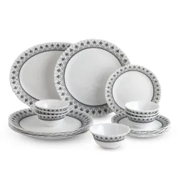 CELLO Damask Imperial Plus Series Opalware Dinner Set of 19 Pieces For Family of 6 | Bone-Ash Free & Leadfree Opal Glass