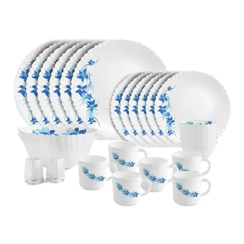Image of Cello Dazzle Blue Swirl Opalware Dinner Set, 28 Pcs (White)
