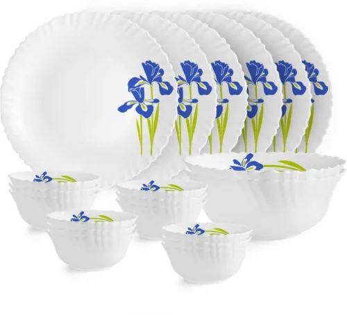 Image of Cello Pack of 20 Opalware Dazzle Series Blue Iris Dinner Set | Crockery Set for Daily Use & Gifting Dinner Set (White, M