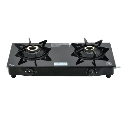 Image of Cello DEZIRE PRO PLUS 2 Burner Gas Stove | Manual Ignition | Direct Flame Brass Burners | 6mm Toughened Glass Top | Hexa
