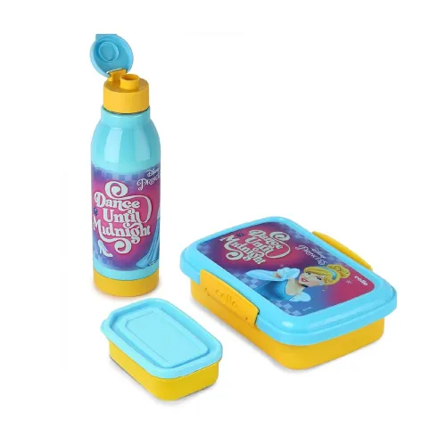 Image of CELLO Lunch On Disney Pricess Design Kids Combo Set Yellow | Inner Compartment Lunch Box with Insulated Water Bottle Lea