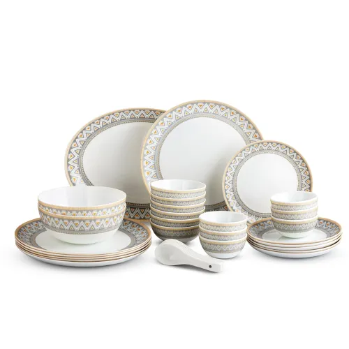Image of Cello Divine Series Opalware Dinner Set 33 Pc | Trinity Gold | Opal Glass, Lightweight, Chip-Resistant | Microwave Safe,