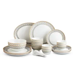 Cello Divine Series Opalware Dinner Set 33 Pc | Trinity Gold | Opal Glass, Lightweight, Chip-Resistant | Microwave Safe, Dishwasher Safe | Scratch-Resistant | Crockery Set for Dining & Gifti...
