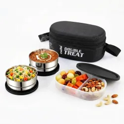 cello Double treat Lunch Box - 3 container 3 Containers Stainless Steel
