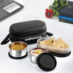CELLO Double Treat Lunch Box with Insulated Fabric Jacket, Black
