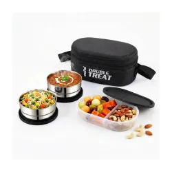 CELLO Double Treat Set of 3 Pcs Lunch Box for Office Use with Jacket Black 