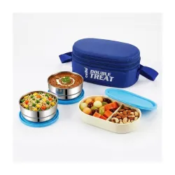 CELLO Double Treat Set of 3 Pcs Lunch Box 2 x 300ml Stainless Steel Containers