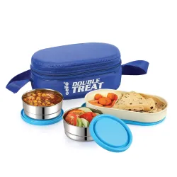 CELLO Double Treat Set of 3 Pcs Lunch Box 2 x 300ml Stainless Steel Containers