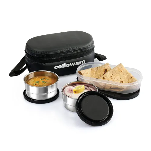 Image of CELLO Double Treat Stainless Steel Lunch Box with Bag, Black | 2 x 300 ml Steel Containers, 1 x Oval Container |