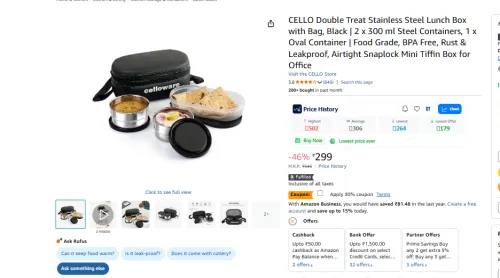 Image of CELLO Double Treat Stainless Steel Lunch Box with Bag,