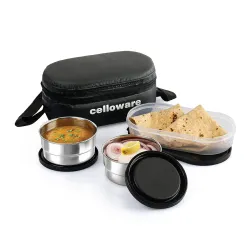 CELLO Double Treat Stainless Steel Lunch Box with Bag, Black | 2 x 300 ml Steel Containers, 1 x Oval Container |