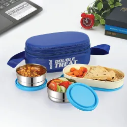 CELLO Double Treat Set of 3 Pcs Lunch Box with Jacket For Daily Use, Blue | 2 x 300ml Stainless Steel Containers, 1 x Ov