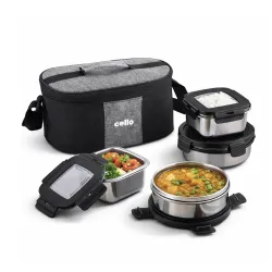CELLO Duet Set of 4 Pcs Stainless Steel Lunch Box with Bag for Office Use, Black | 2 x 400ml Round, 2 x 400ml Square Steel Containers with Fork & Spoon, Leak Proof Airtight Steel Tiffin Box....