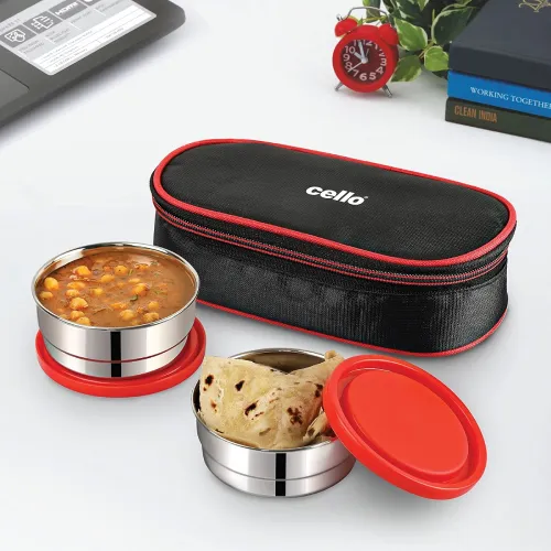 Image of CELLO Eco Bite Stainless Steel Lunch Box 2 Container with Jacket, Red