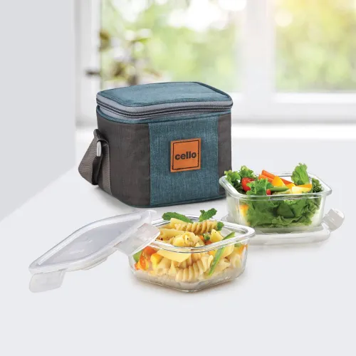 Image of Cello Elite Square, Leakproof, Microwave safe (320 ml) 2 Containers Glass Office Lunch Box (640 ml)