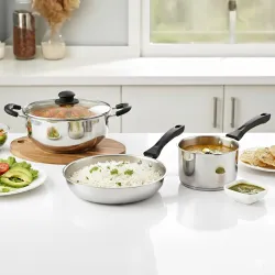 CELLO Galaxy Steelox 3 Pcs Cookware Set | Kadhai with Glass Lid 3L, Milk Tea Saucepan 1.5L, Multipurpose Frying Pan 2L | Gas Stove Compatible, Riverted Handle Stainless Steel Cooking Set for...