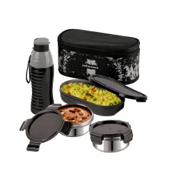 CELLO Gemini Lunch Box Gift Set of 3 Pieces with Bag for Office Use Black | 300ml x 2 Steel Round Containers, 500ml x 1 Oval Container with 600 ml Water Bottle, Leak Proof Tiffin Set for Sch...