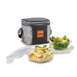 CELLO Glassy Square Lunch Box Set of 2 Pcs (320ml x 2) with Jacket For Office, Transparent | Microwave Safe Leadfree Toughened Glass, Airtight Leakproof Adjustable Carry Strap Tiffin Box For...