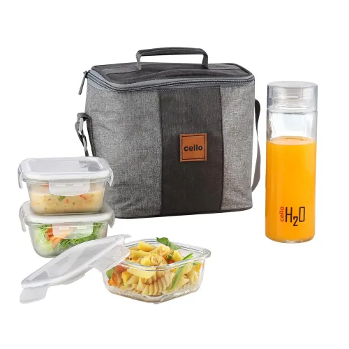 Image of CELLO Glassy Square Lunch Box with Jacket for Office, Transparent | 3 x 320ml Containers & 1 x 500ml Glass Bottle, Micro