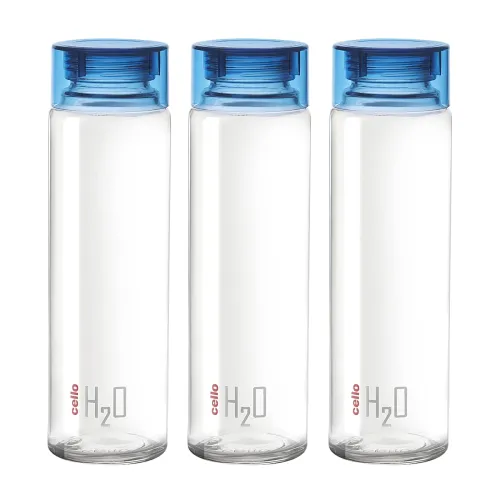Image of CELLO H2O Glass Fridge Water Bottle with Plastic Cap Set of 3, 920ml, Blue | Leakproof & Durable | Wide Mouth, Easy To C