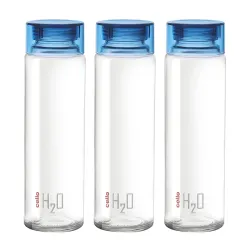 CELLO H2O Glass Fridge Water Bottle with Plastic Cap Set of 3, 920ml, Blue | Leakproof & Durable | Wide Mouth, Easy To C