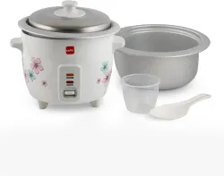 Cello Iris Rice Cooker with Single Bowl | Trivet Plate | Electric Rice Cooker with Steaming Feature (0.6 L, White)