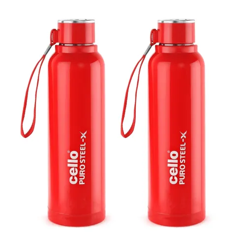 Image of Cello Puro Steel-X Benz 900 PU Insulated Water Bottle Set of 2, 900 ml Each, Red | BPA Free, Leakproof, ISI Certified | 