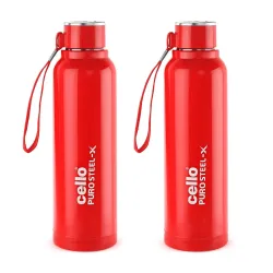 Cello Puro Steel-X Benz 900 PU Insulated Water Bottle Set of 2, 900 ml Each, Red | BPA Free, Leakproof, ISI Certified | 