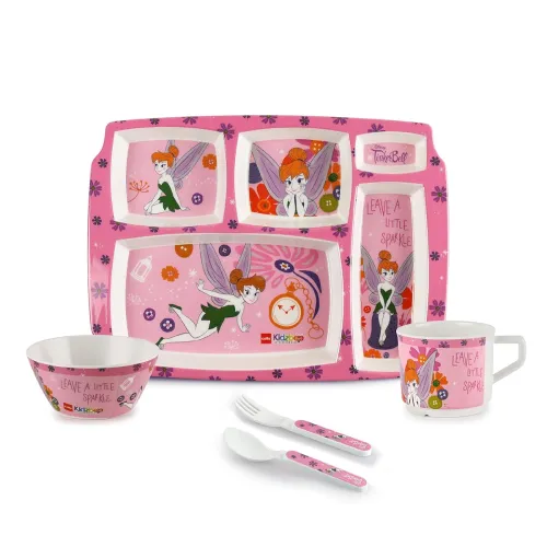 Image of Cello Kidzbee Pentameal Tinker Bell Melamine Meal Set for Kids, Set of 5, Light Pink | 