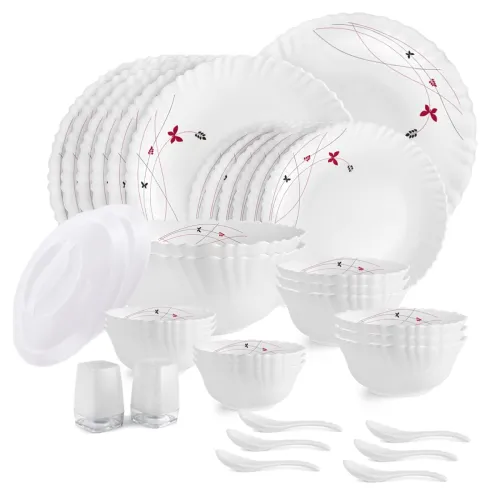 Image of CELLO Lush Fiesta Dazzle Series Opalware Dinner Set of 37 Pieces for Family of 6 | Bone-Ash Free & Leadfree Opal Glass, 