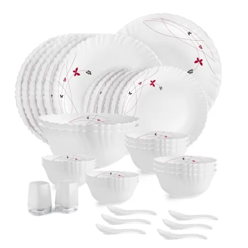 Image of CELLO Lush Fiesta Dazzle Series Opalware Dinner Set of 35 Pieces for Family of 6 | Bone-Ash Free & Leadfree Opal Glass, 