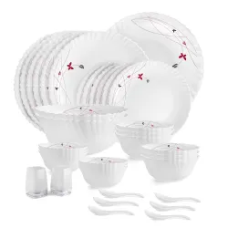 CELLO Lush Fiesta Dazzle Series Opalware Dinner Set of 35 Pieces for Family of 6 | Bone-Ash Free & Leadfree Opal Glass, 