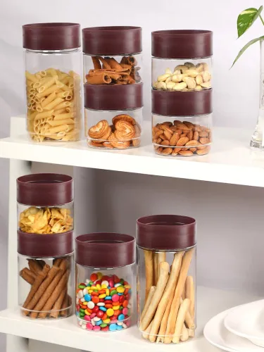 Image of Cello Maroon Set of 9 Modustack Leak Proof Plastic Containers- 500ml, 750ml, 1L