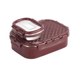 CELLO Matrix Medium Lunch Box, Maroon | Stainless Steel Lunch Box with Inner Separate Veg Box