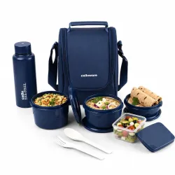 CELLO MF All in One Lunch Box with Bag for Office Use, Blue | 225ml, 375ml, 550ml Microwave Safe Containers, 175ml Salad Box, 500ml Bottle with Fork & Spoon, Airtight Leak Proof Tiffin Box f...