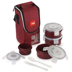 CELLO MF Click Lunch Box with Insulated Jacket, Brown | 3 x 300ml Containers, 1 x 180 ml Pickel Container, Spoon & Fork 
