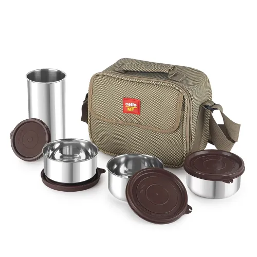 Image of CELLO MF Fab Lunch Box Set with Jacket | Brown | Set of 4 | Stainless Steel Containers | 315ml x 3 + 510ml x 1 Steel Tum