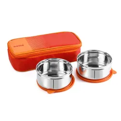 CELLO MF Matiz Lunch Box with Jacket, 2 Unit, Orange | Stainless Steel Lunch Box 2 Unit | Lunch Box with Jacket | Ideal 