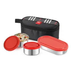 CELLO MF Trent Plus Stainless Steel Lunch Box with Jacket | Red | Leak Proof Containers | Airtight Lid | 300ml x 2 + 500