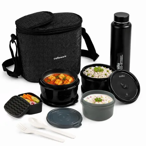 Image of CELLO Munch Mate Lunch Box with Bag for Office Use Black | 375ml x 2 Microwave Safe Containers, 300ml + 175ml Plastic Co