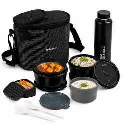 CELLO Munch Mate Lunch Box with Bag for Office Use Black | 375ml x 2 Microwave Safe Containers, 300ml + 175ml Plastic Co