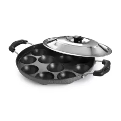 CELLO Non-Stick 12 Cavity Appam Patra Pan with Stainless Steel Lid | 2 Side Handle |