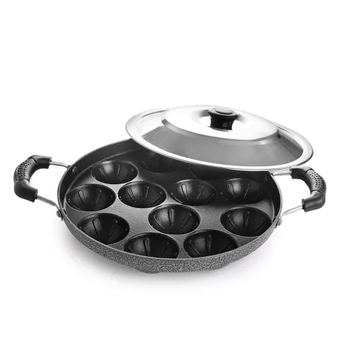 Image of CELLO Non-Stick 12 Cavity Appam Patra with Dual Side Handles & Stainless Steel Lid, Black | Multipurpose Appam Maker, Li