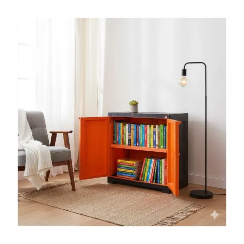 Image of Cello Novelty Compact Plastic Bookshelf with 2 Doors, Orange & Brown