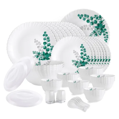 Image of Cello Opalware Dazzle Series Aqua Leaves Dinner Set, 57Pcs |