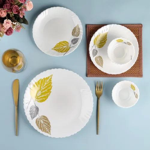 Image of Cello Opalware Dazzle Series Autumn Leaf 35 Piece Dinner Set | Opal Glass Crockery for 6 | Bone Ash-Free