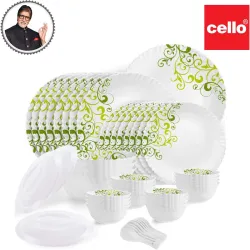 Cello Pack of 47 Opalware Dazzle Oleander Crockery Green Dinner Set (White, Microwave Safe)